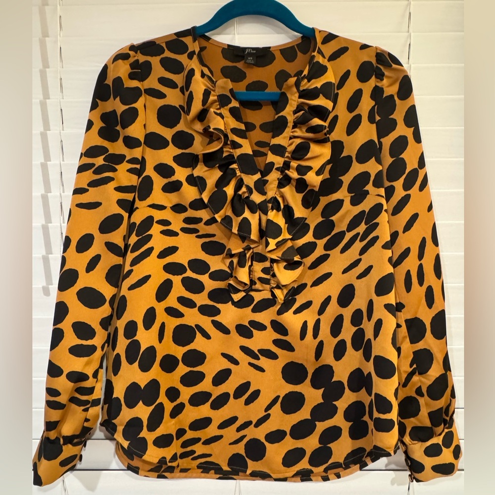 J. Crew Black & Gold Patterned Ruffle Blouse.